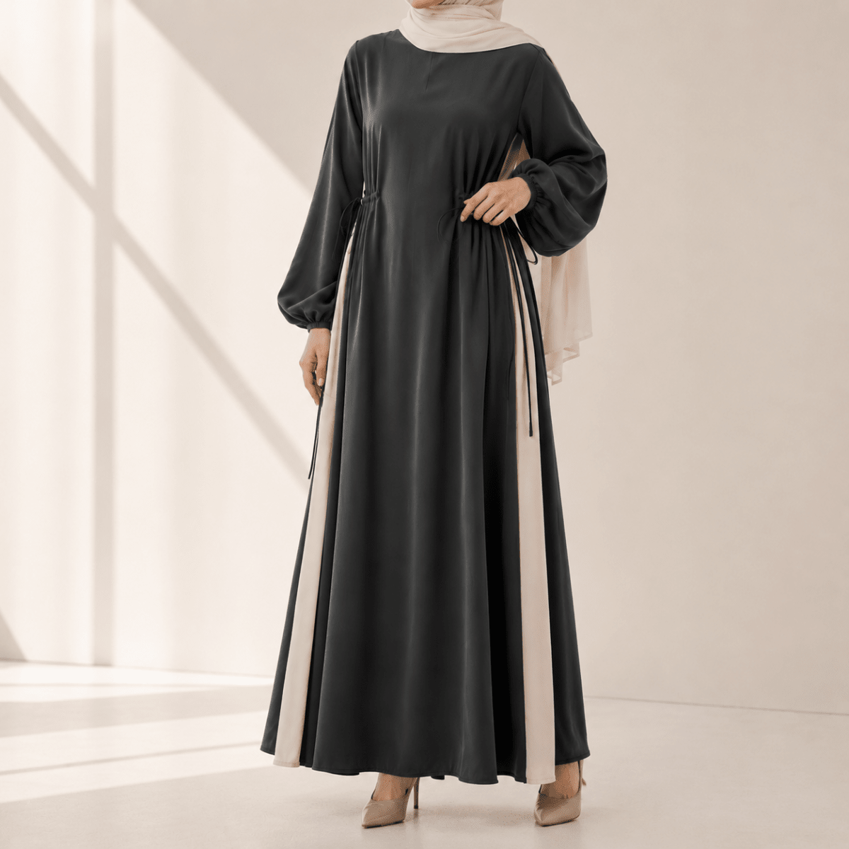 Contrast Panel Abaya with Drawstring Detail & Balloon Sleeves(MA421)