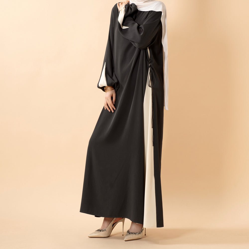 Contrast Panel Abaya with Drawstring Detail & Balloon Sleeves(MA421)