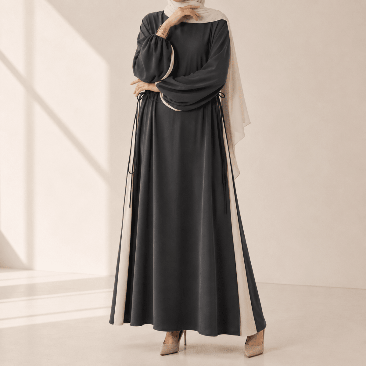 Contrast Panel Abaya with Drawstring Detail & Balloon Sleeves(MA421)