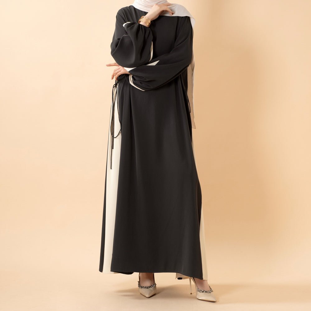 Contrast Panel Abaya with Drawstring Detail & Balloon Sleeves(MA421)