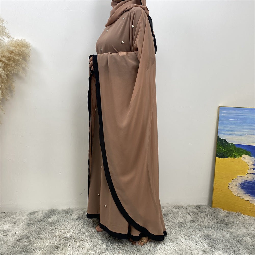 Elegant Chiffon Abaya With Batwing Sleeve | Loose Robe Abaya With Pearl Embellishments (MA183)