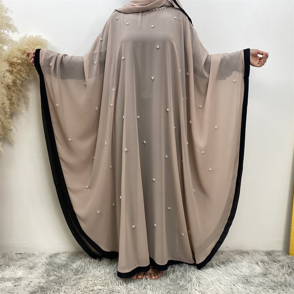 Elegant Chiffon Abaya With Batwing Sleeve | Loose Robe Abaya With Pearl Embellishments (MA183)