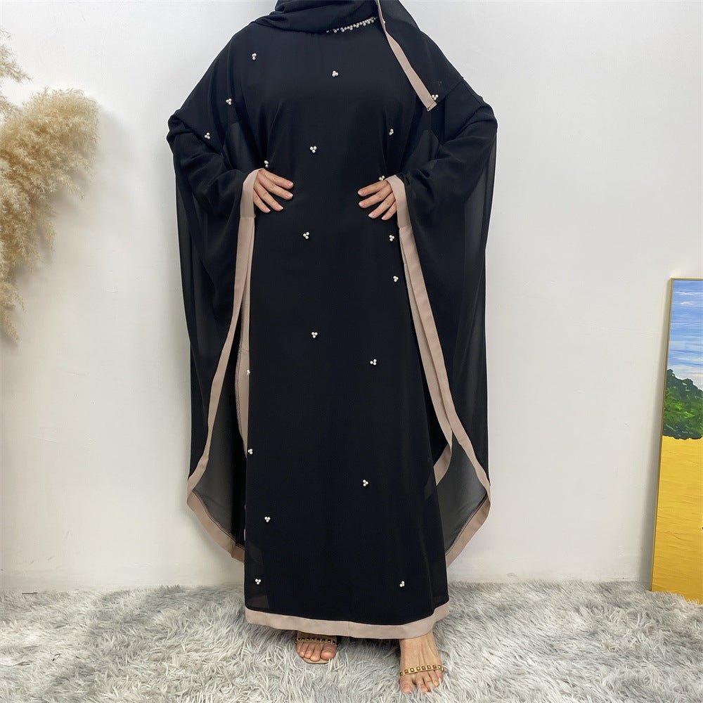 Elegant Chiffon Abaya With Batwing Sleeve | Loose Robe Abaya With Pearl Embellishments (MA183)