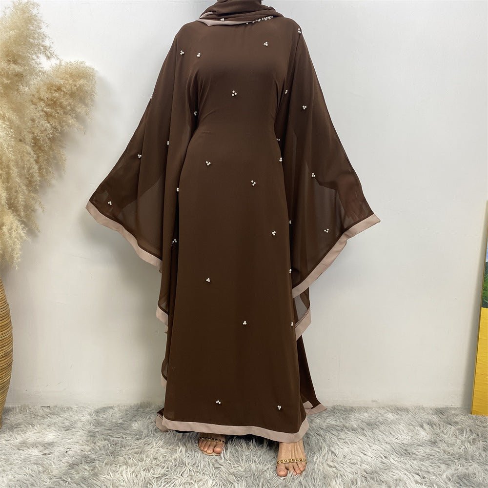 Elegant Chiffon Abaya With Batwing Sleeve | Loose Robe Abaya With Pearl Embellishments (MA183)