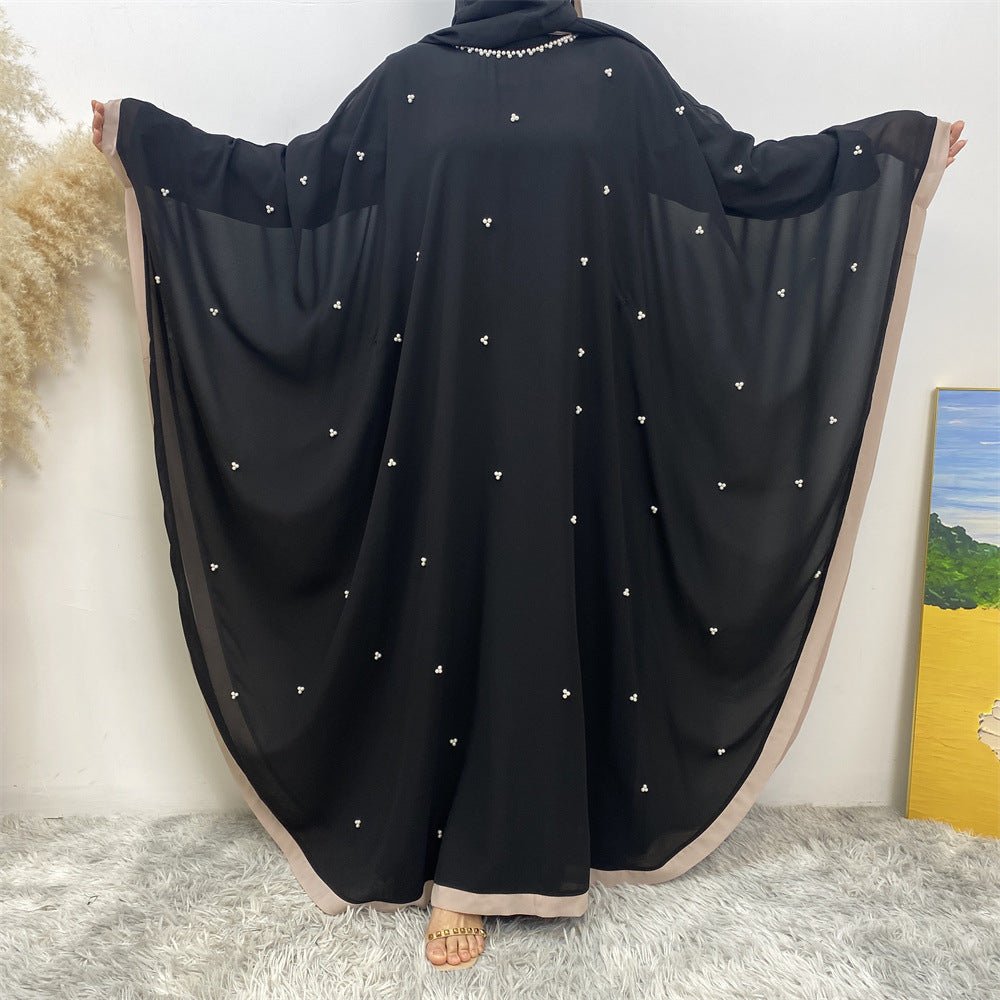 Elegant Chiffon Abaya With Batwing Sleeve | Loose Robe Abaya With Pearl Embellishments (MA183)