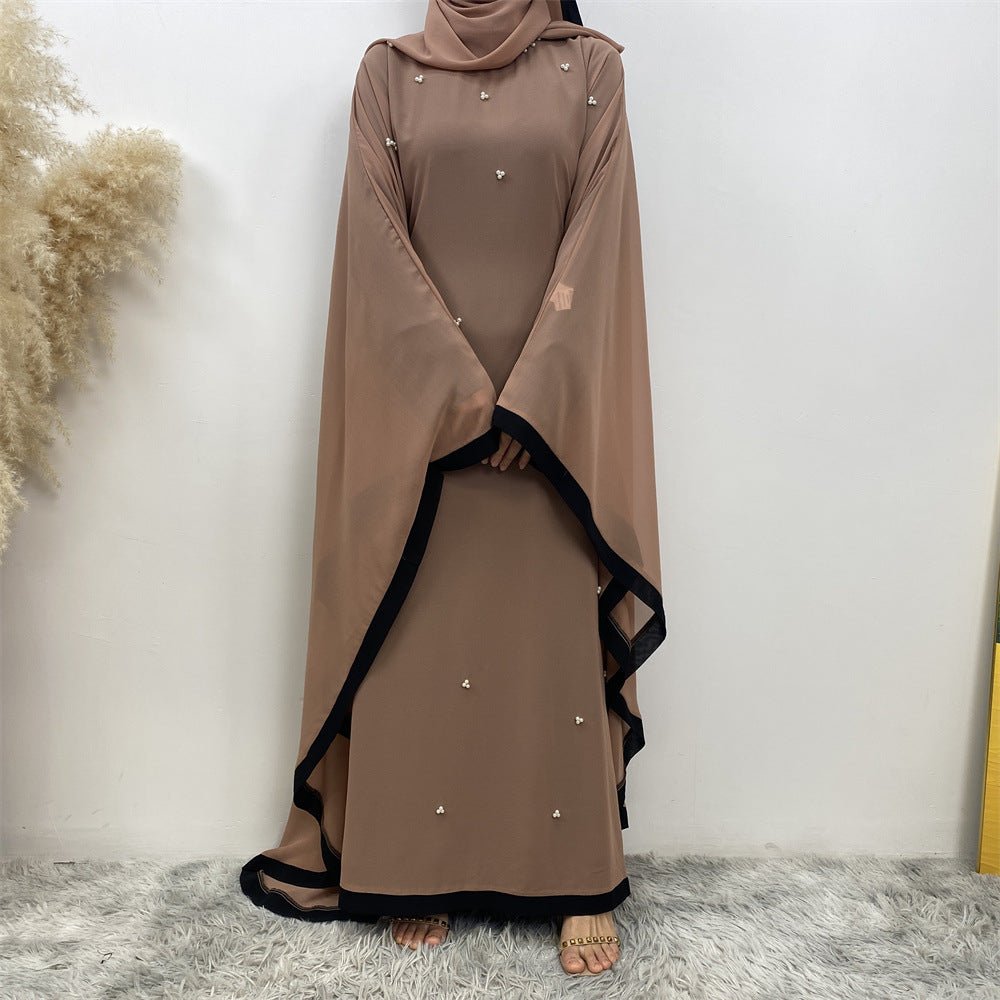 Elegant Chiffon Abaya With Batwing Sleeve | Loose Robe Abaya With Pearl Embellishments (MA183)