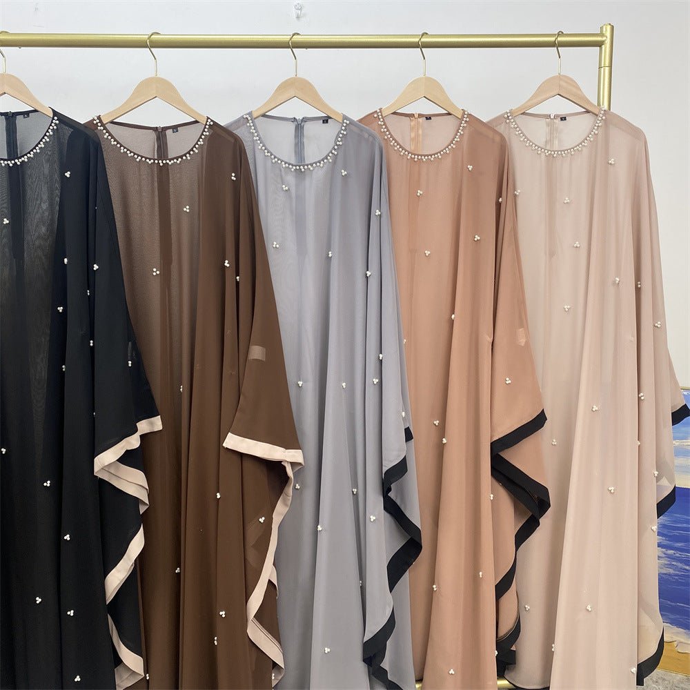 Elegant Chiffon Abaya With Batwing Sleeve | Loose Robe Abaya With Pearl Embellishments (MA183)