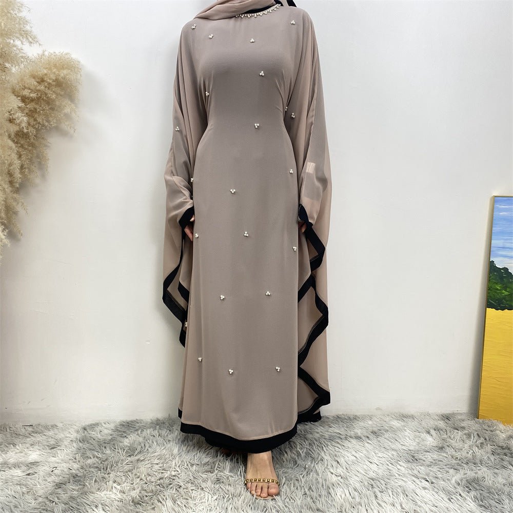Elegant Chiffon Abaya With Batwing Sleeve | Loose Robe Abaya With Pearl Embellishments (MA183)