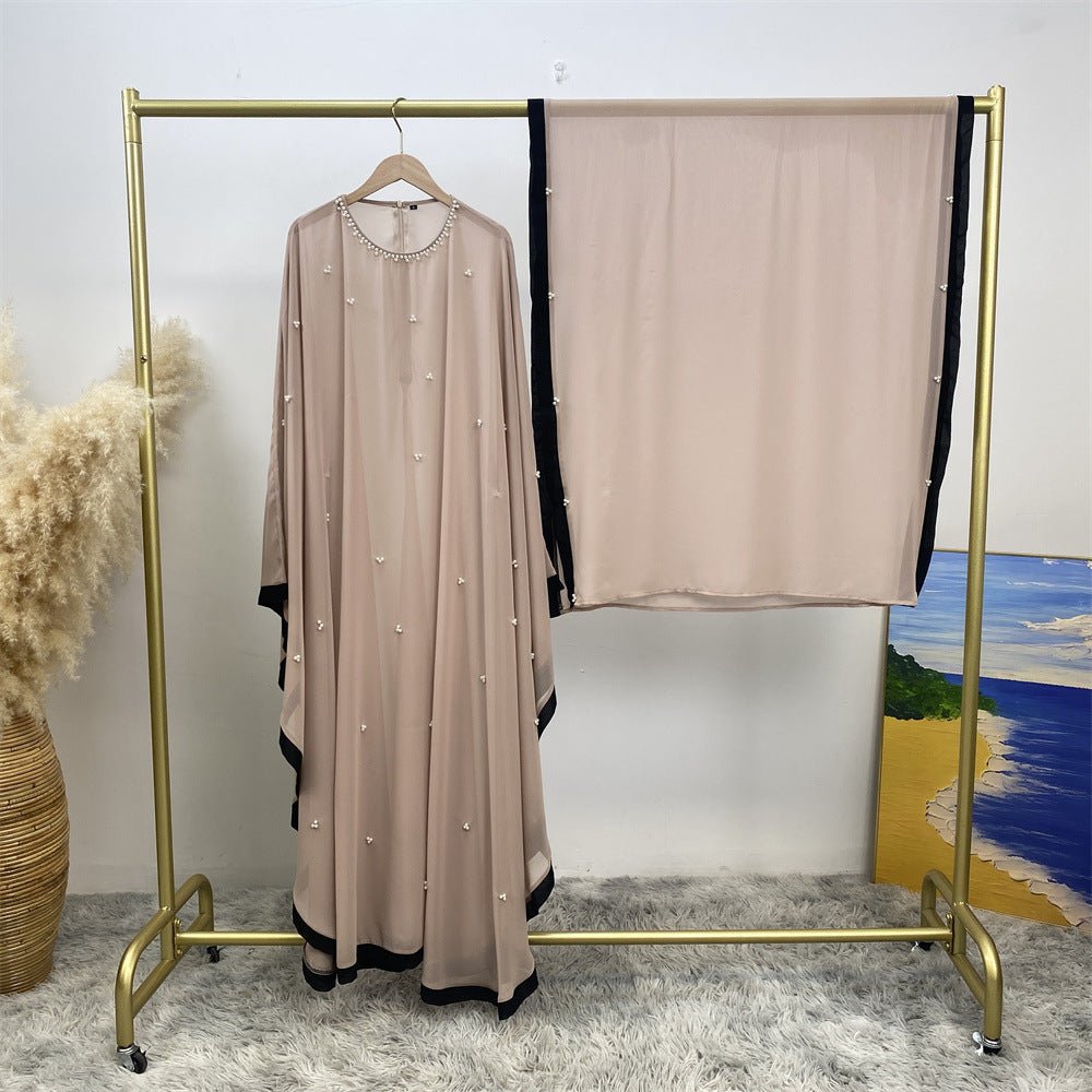 Elegant Chiffon Abaya With Batwing Sleeve | Loose Robe Abaya With Pearl Embellishments (MA183)