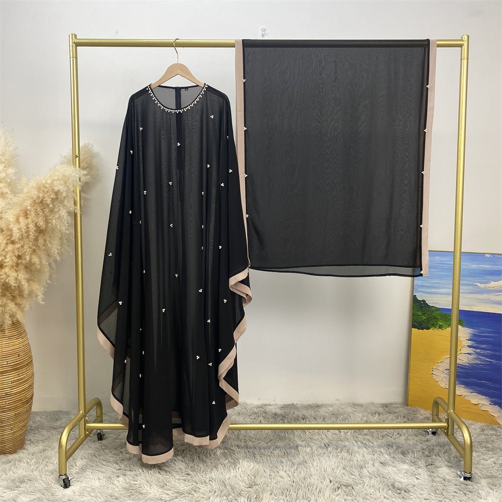 Elegant Chiffon Abaya With Batwing Sleeve | Loose Robe Abaya With Pearl Embellishments (MA183)