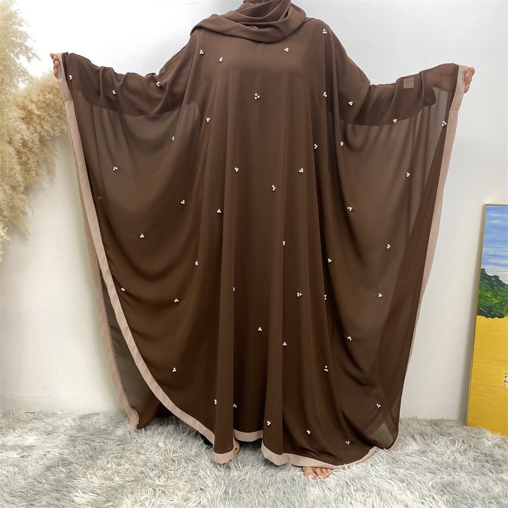 Elegant Chiffon Abaya With Batwing Sleeve | Loose Robe Abaya With Pearl Embellishments (MA183)