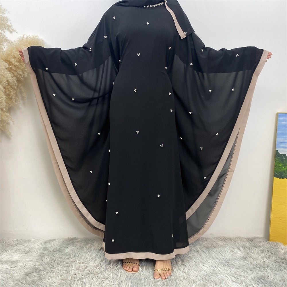 Elegant Chiffon Abaya With Batwing Sleeve | Loose Robe Abaya With Pearl Embellishments (MA183)