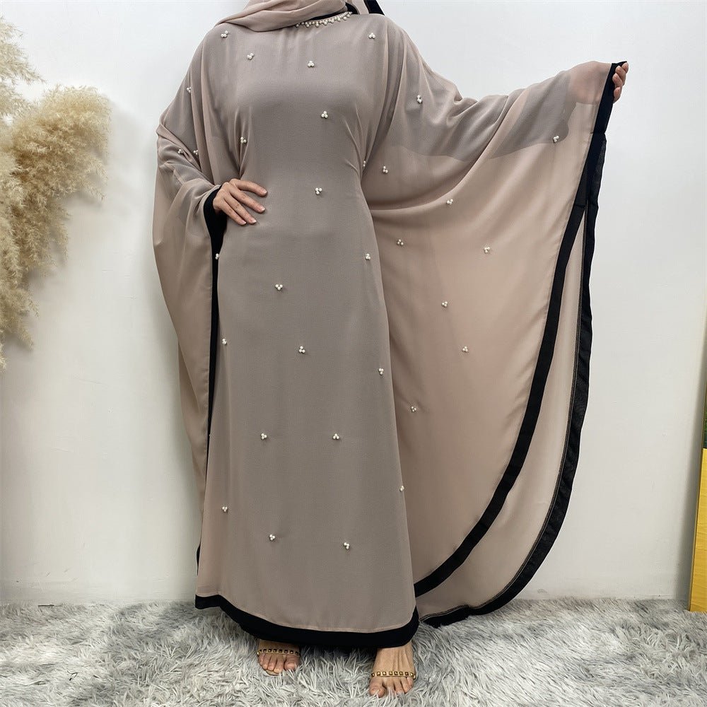 Elegant Chiffon Abaya With Batwing Sleeve | Loose Robe Abaya With Pearl Embellishments (MA183)