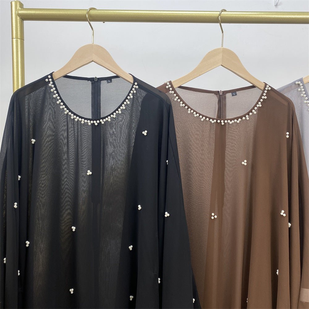 Elegant Chiffon Abaya With Batwing Sleeve | Loose Robe Abaya With Pearl Embellishments (MA183)