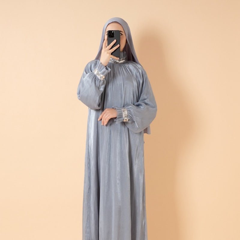 Elegant Glossy Flower Cuff Sequinned Abaya | Glossy Abaya With Sequins (MA140)