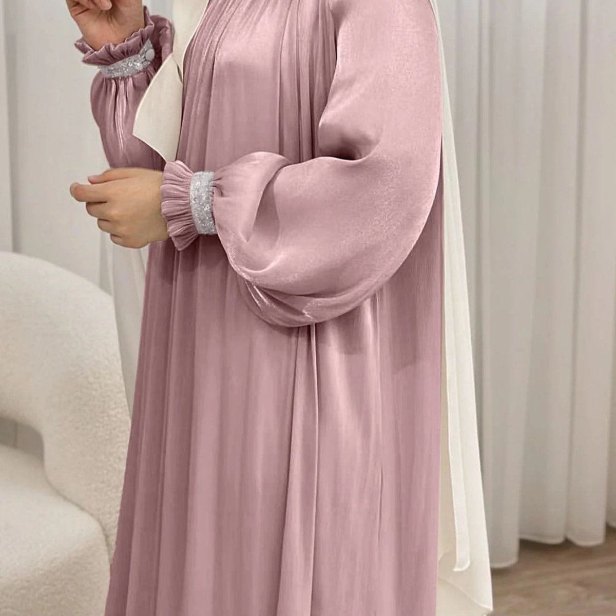 Elegant Glossy Flower Cuff Sequinned Abaya | Glossy Abaya With Sequins (MA140)