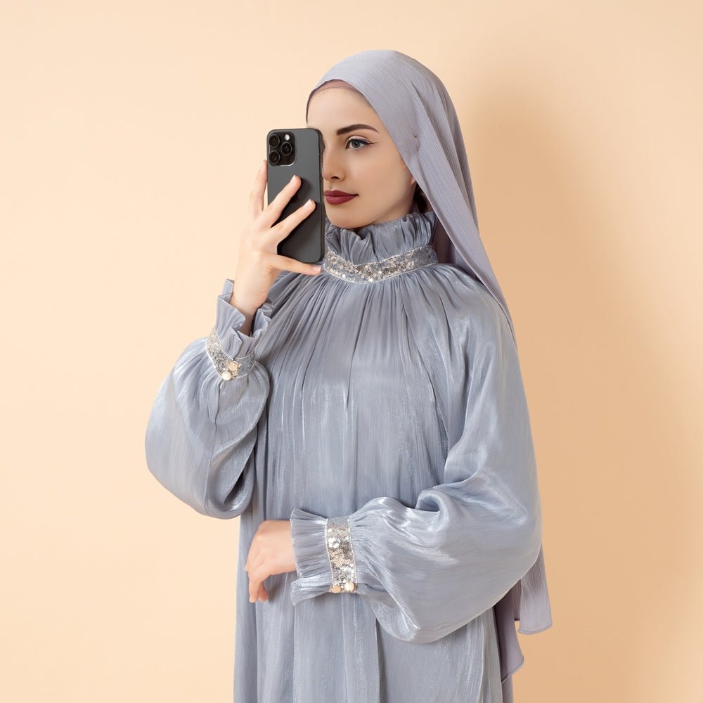 Elegant Glossy Flower Cuff Sequinned Abaya | Glossy Abaya With Sequins (MA140)