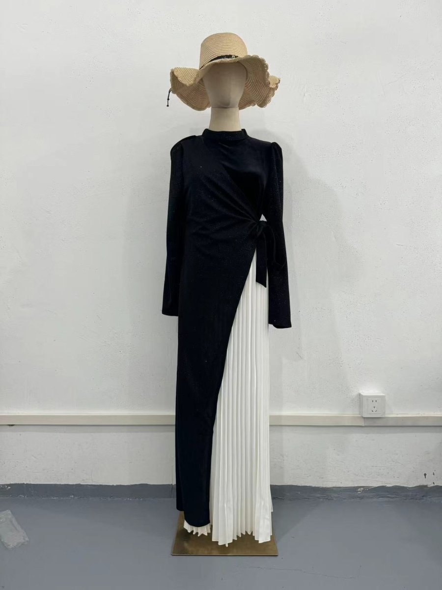 Elegant High Neck Long Sleeve Black & White Spliced Pleated Dress Abaya with Puffed Shoulders(MA195)