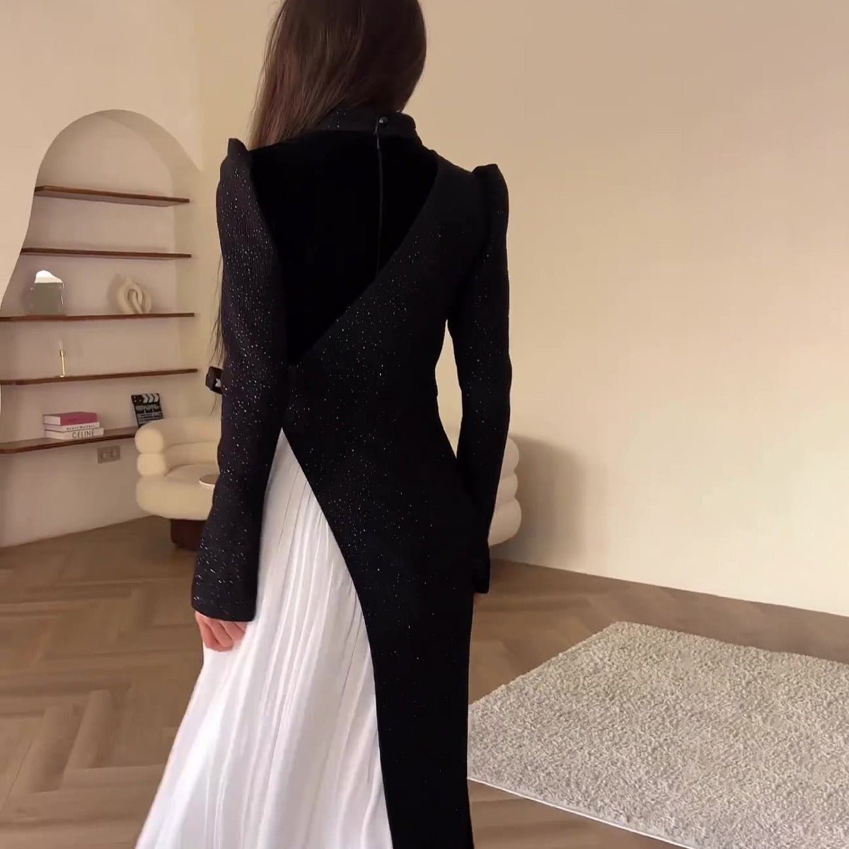 Elegant High Neck Long Sleeve Black & White Spliced Pleated Dress Abaya with Puffed Shoulders(MA195)