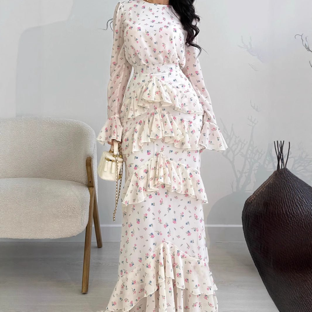 Elegant Romantic Floral Chiffon Fishtail Ruffled Long Sleeve Dress Maxi Dress Abaya(MA212)