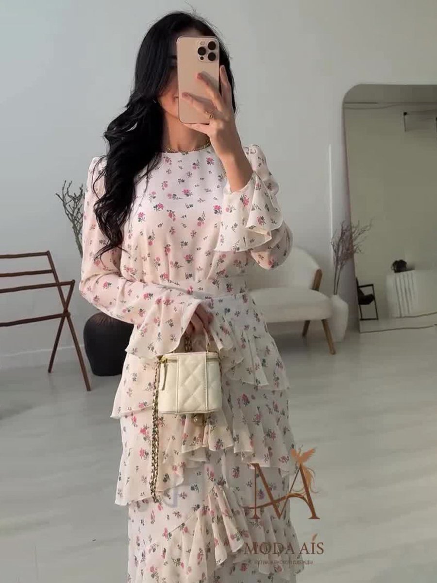 Elegant Romantic Floral Chiffon Fishtail Ruffled Long Sleeve Dress Maxi Dress Abaya(MA212)