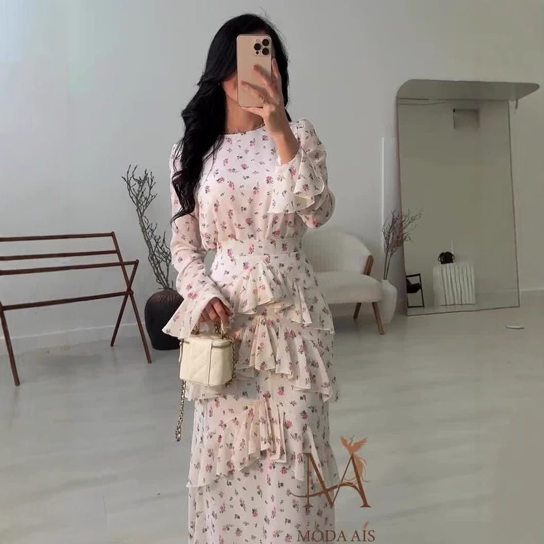 Elegant Romantic Floral Chiffon Fishtail Ruffled Long Sleeve Dress Maxi Dress Abaya(MA212)