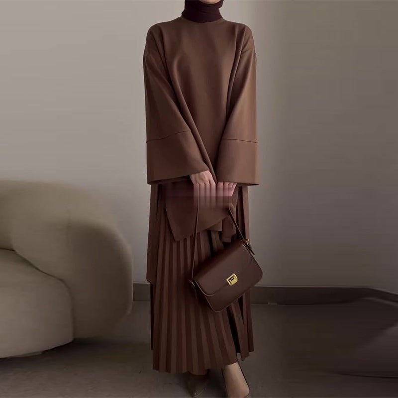 Elegant Round Neck Wide Sleeve Top & Pleated Skirt Set | Mid-Length Two-Piece Modest Outfit(MS126)