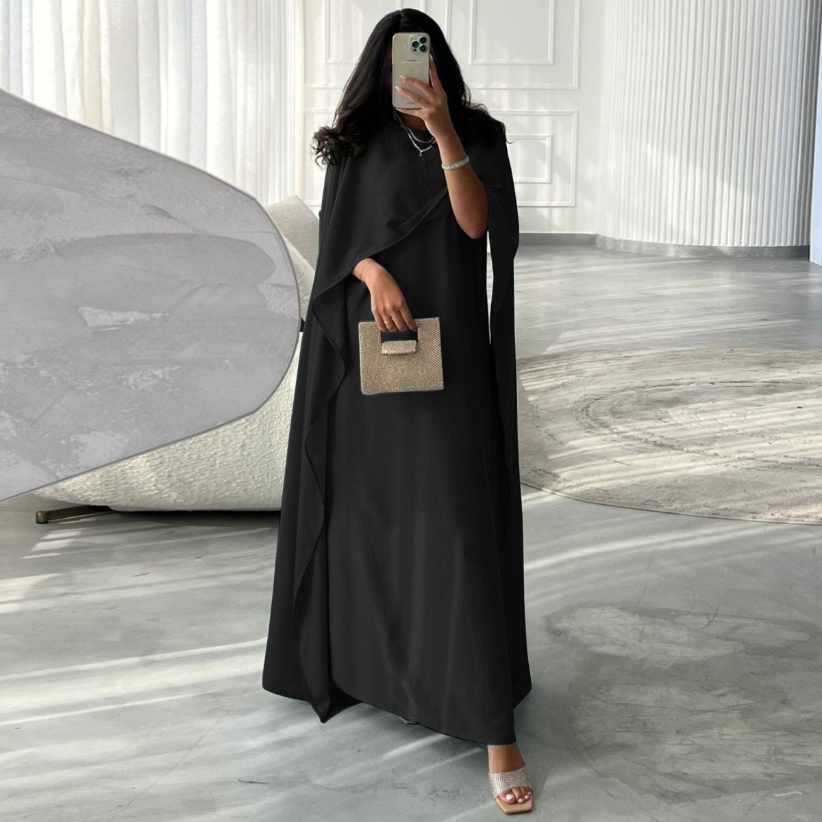 Elegant Royal Satin Abaya Dress | Modest Cape Sleeve Maxi Robe with Luxurious Draping(MA289)