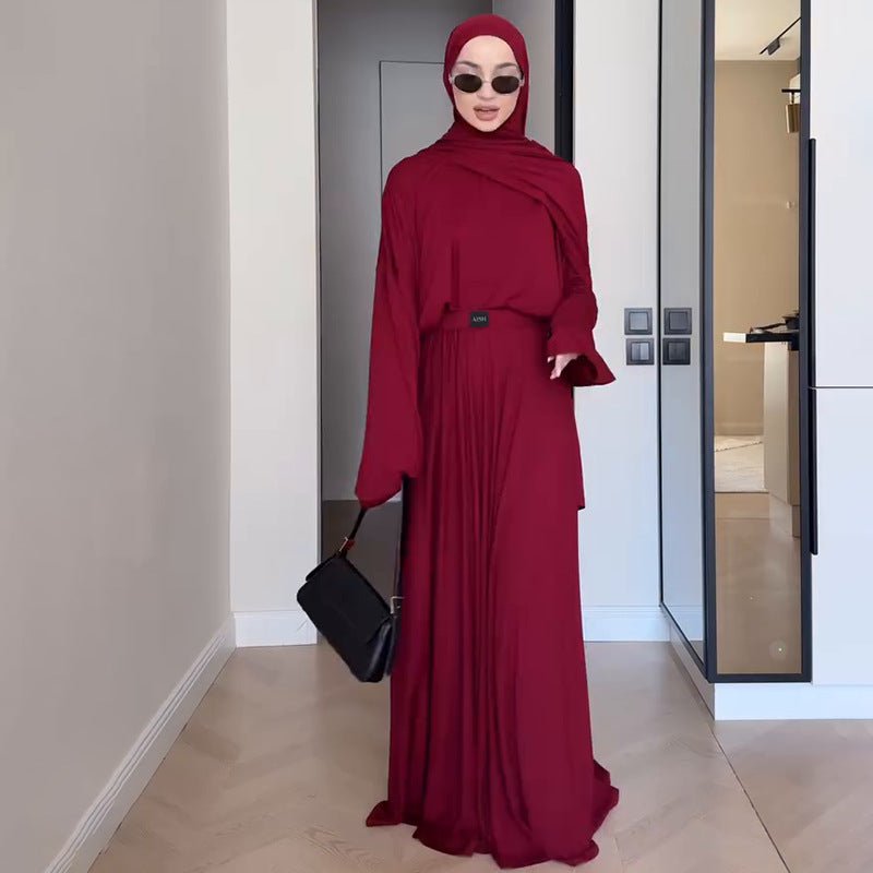 Elegant Solid Color Two-Piece Set | Side Slit Long Sleeve Top & Pleated Skirt(MS135)
