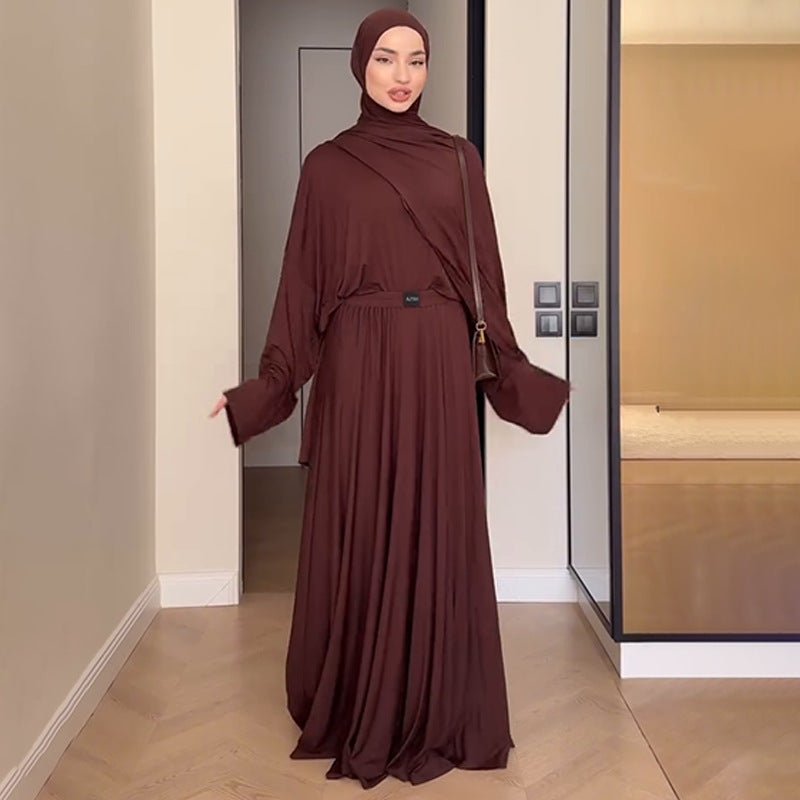 Elegant Solid Color Two-Piece Set | Side Slit Long Sleeve Top & Pleated Skirt(MS135)