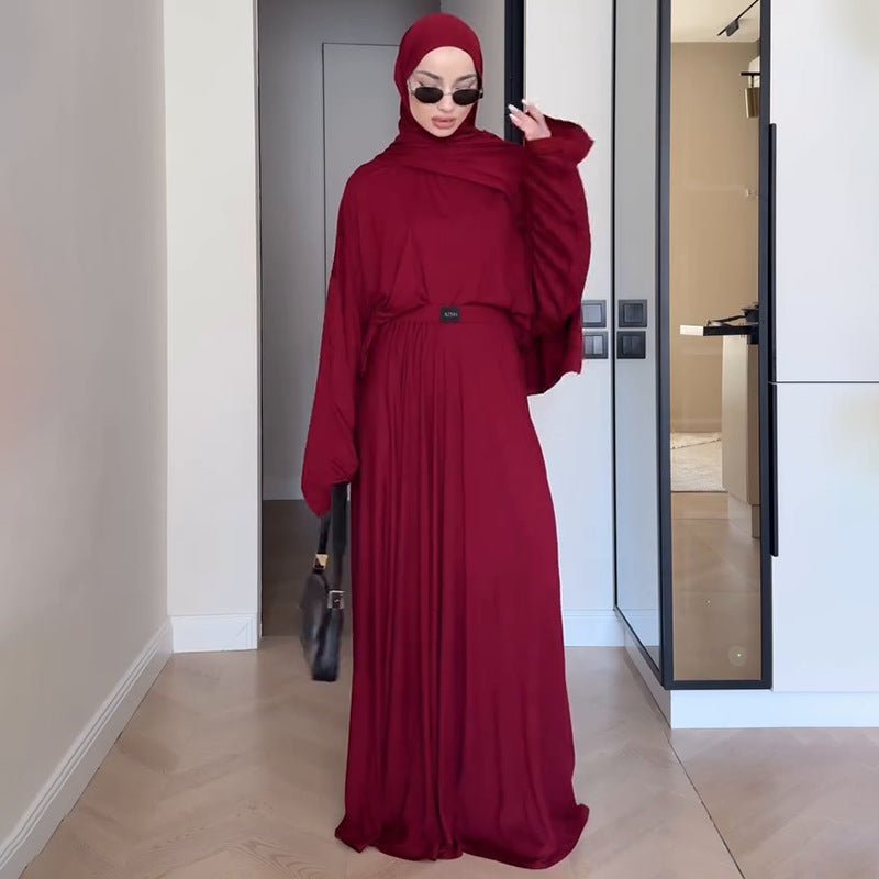 Elegant Solid Color Two-Piece Set | Side Slit Long Sleeve Top & Pleated Skirt(MS135)