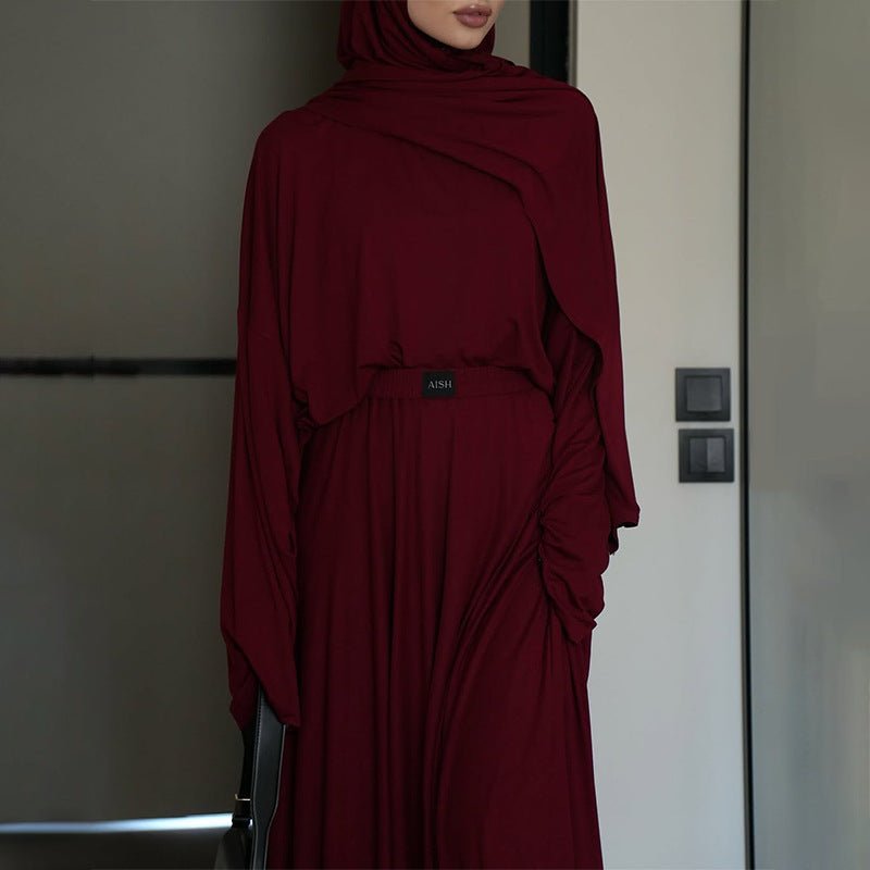 Elegant Solid Color Two-Piece Set | Side Slit Long Sleeve Top & Pleated Skirt(MS135)