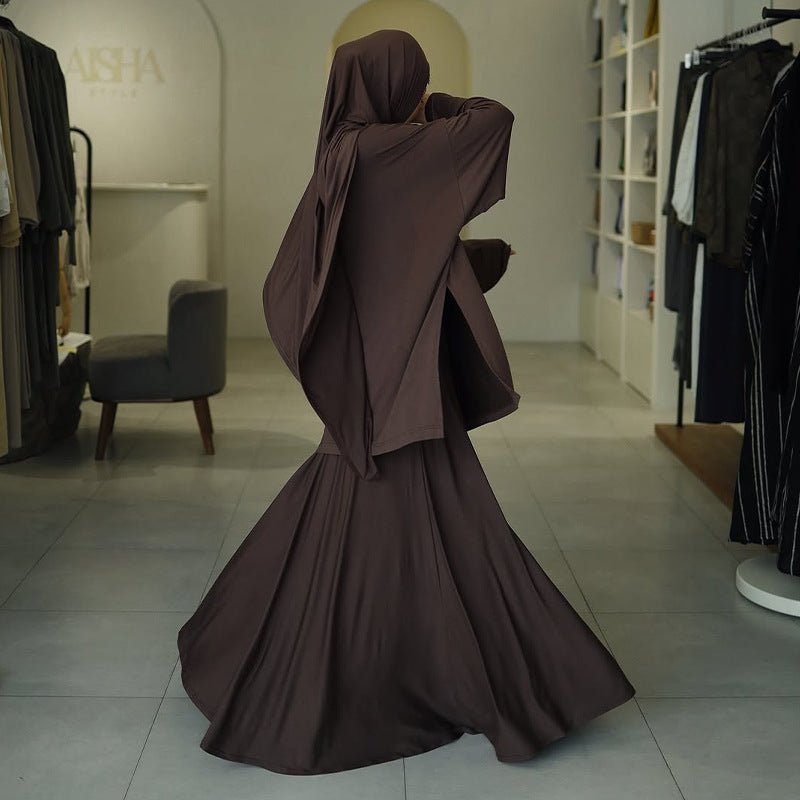 Elegant Solid Color Two-Piece Set | Side Slit Long Sleeve Top & Pleated Skirt(MS135)