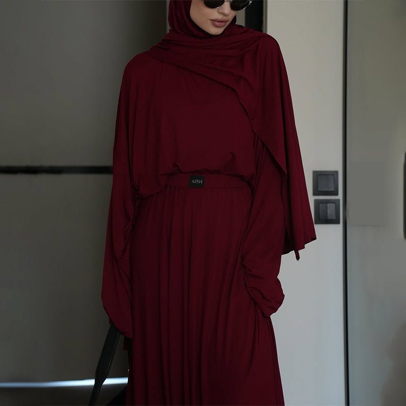 Elegant Solid Color Two-Piece Set | Side Slit Long Sleeve Top & Pleated Skirt(MS135)