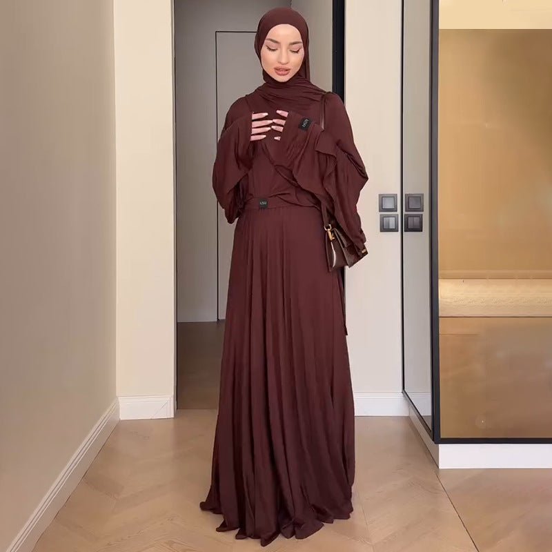 Elegant Solid Color Two-Piece Set | Side Slit Long Sleeve Top & Pleated Skirt(MS135)