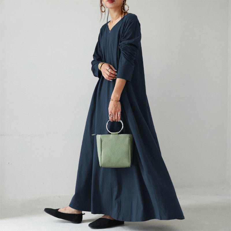 Elegant V-Neck Long Sleeve Maxi Dress | Loose Fit Cotton Blend Dress with Hidden Pockets(MA314)