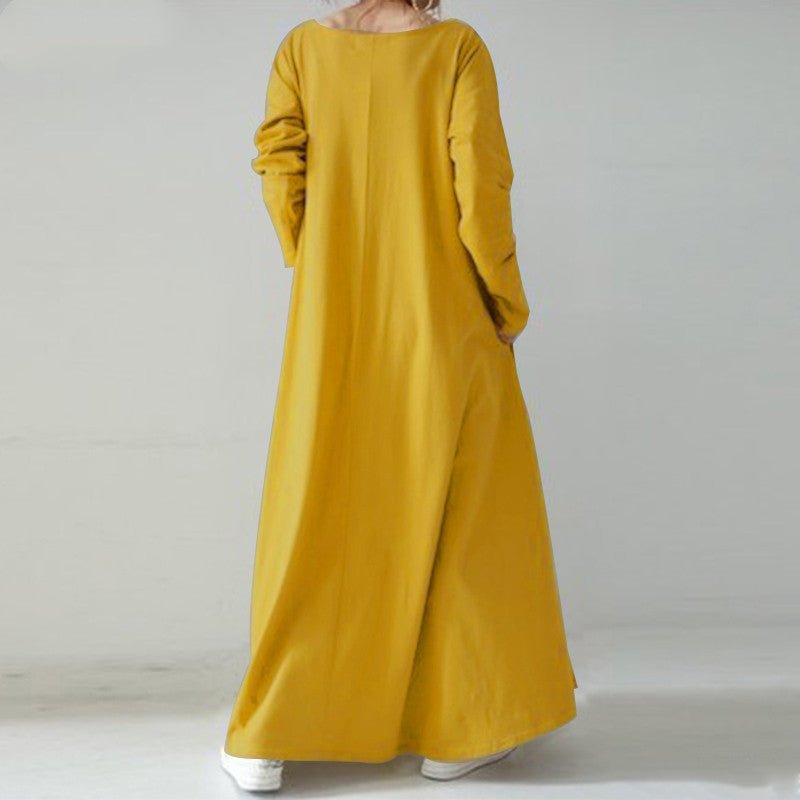 Elegant V-Neck Long Sleeve Maxi Dress | Loose Fit Cotton Blend Dress with Hidden Pockets(MA314)