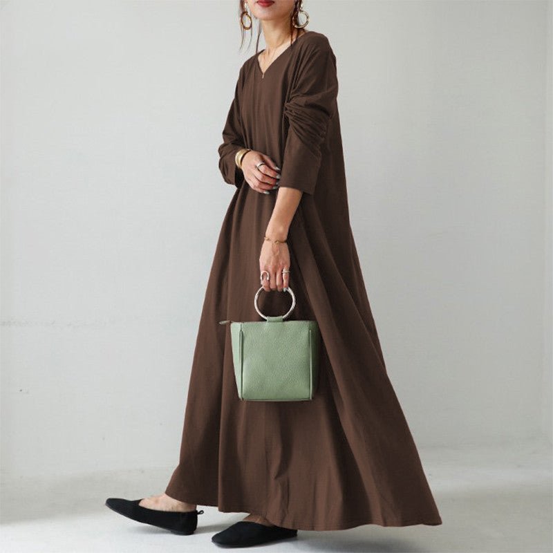 Elegant V-Neck Long Sleeve Maxi Dress | Loose Fit Cotton Blend Dress with Hidden Pockets(MA314)