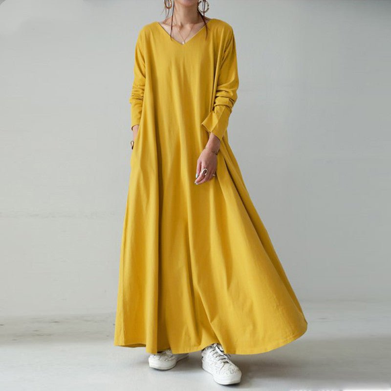 Elegant V-Neck Long Sleeve Maxi Dress | Loose Fit Cotton Blend Dress with Hidden Pockets(MA314)