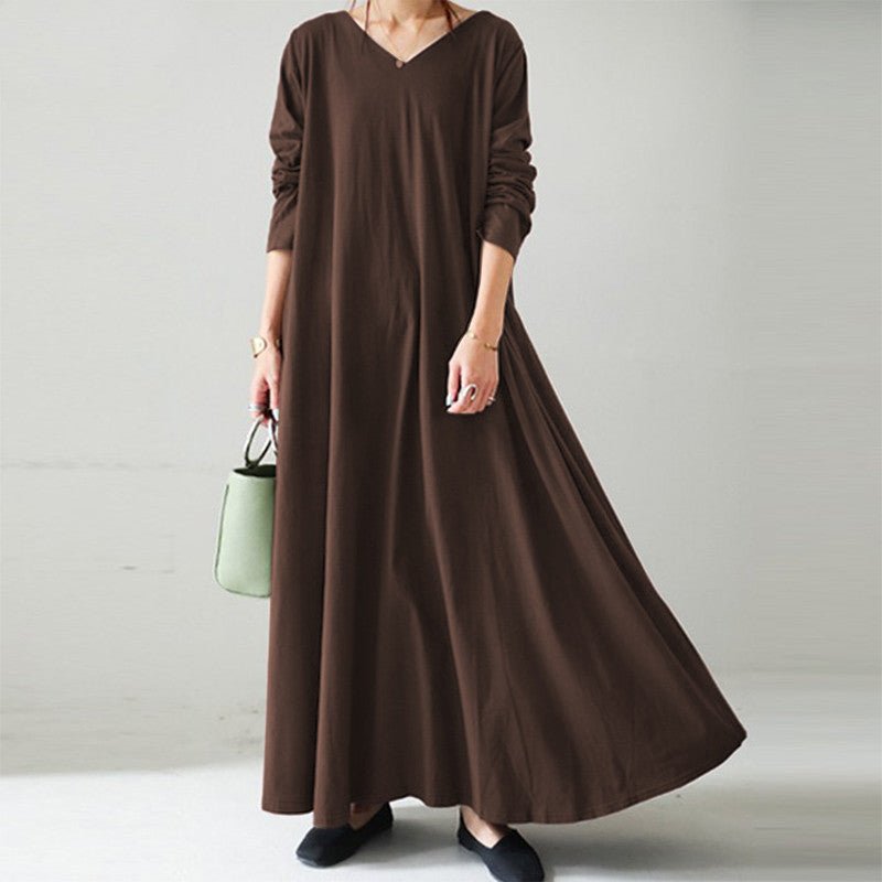 Elegant V-Neck Long Sleeve Maxi Dress | Loose Fit Cotton Blend Dress with Hidden Pockets(MA314)