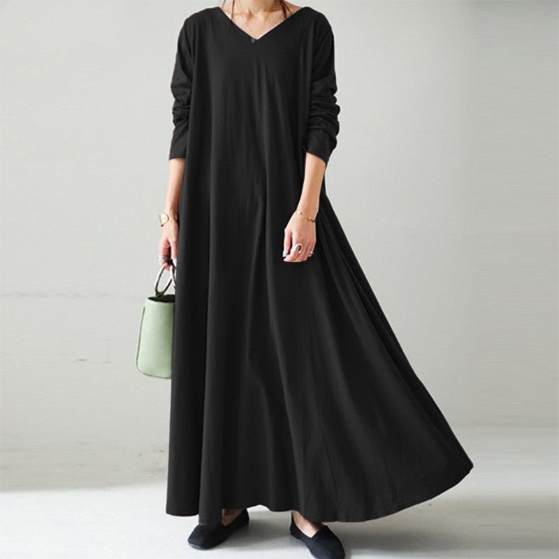 Elegant V-Neck Long Sleeve Maxi Dress | Loose Fit Cotton Blend Dress with Hidden Pockets(MA314)