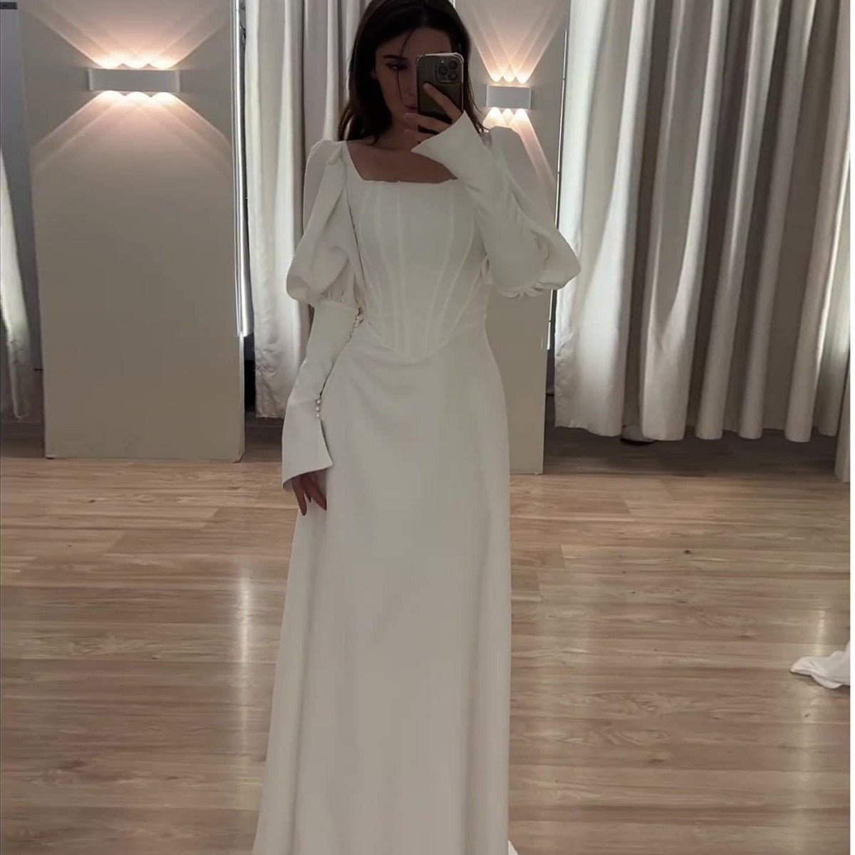 Elegant White Square Neck Long Sleeve Bubble Sleeve Modest Dress Abaya (MA228)