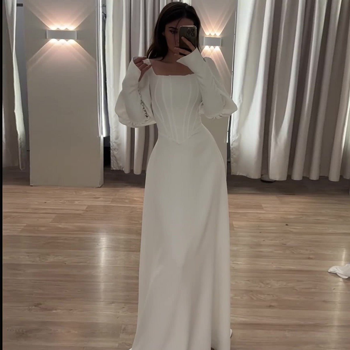 Elegant White Square Neck Long Sleeve Bubble Sleeve Modest Dress Abaya (MA228)