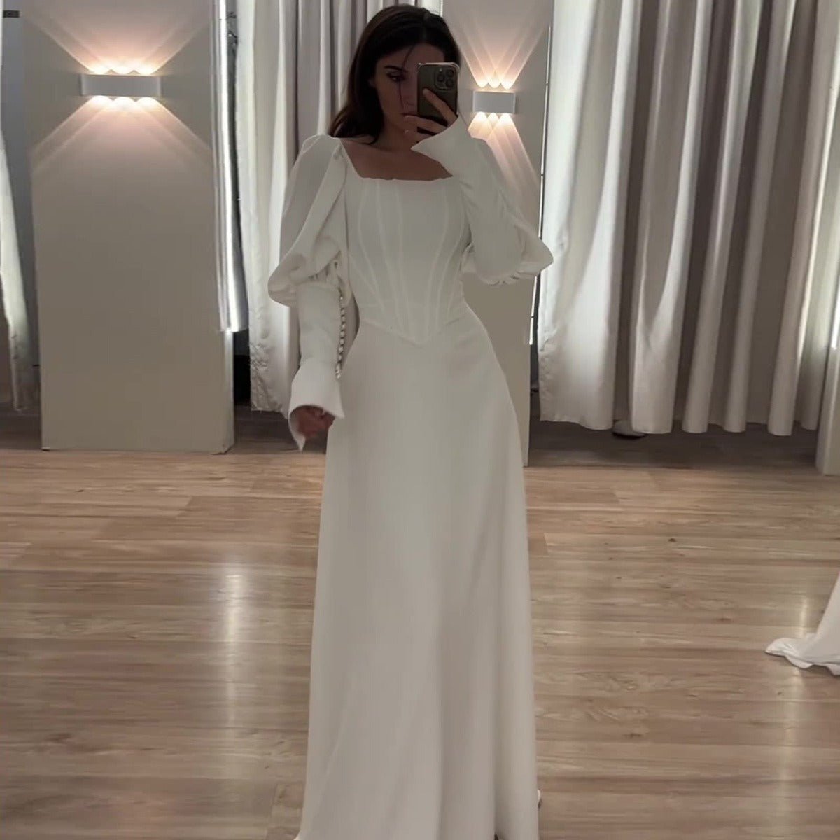 Elegant White Square Neck Long Sleeve Bubble Sleeve Modest Dress Abaya (MA228)