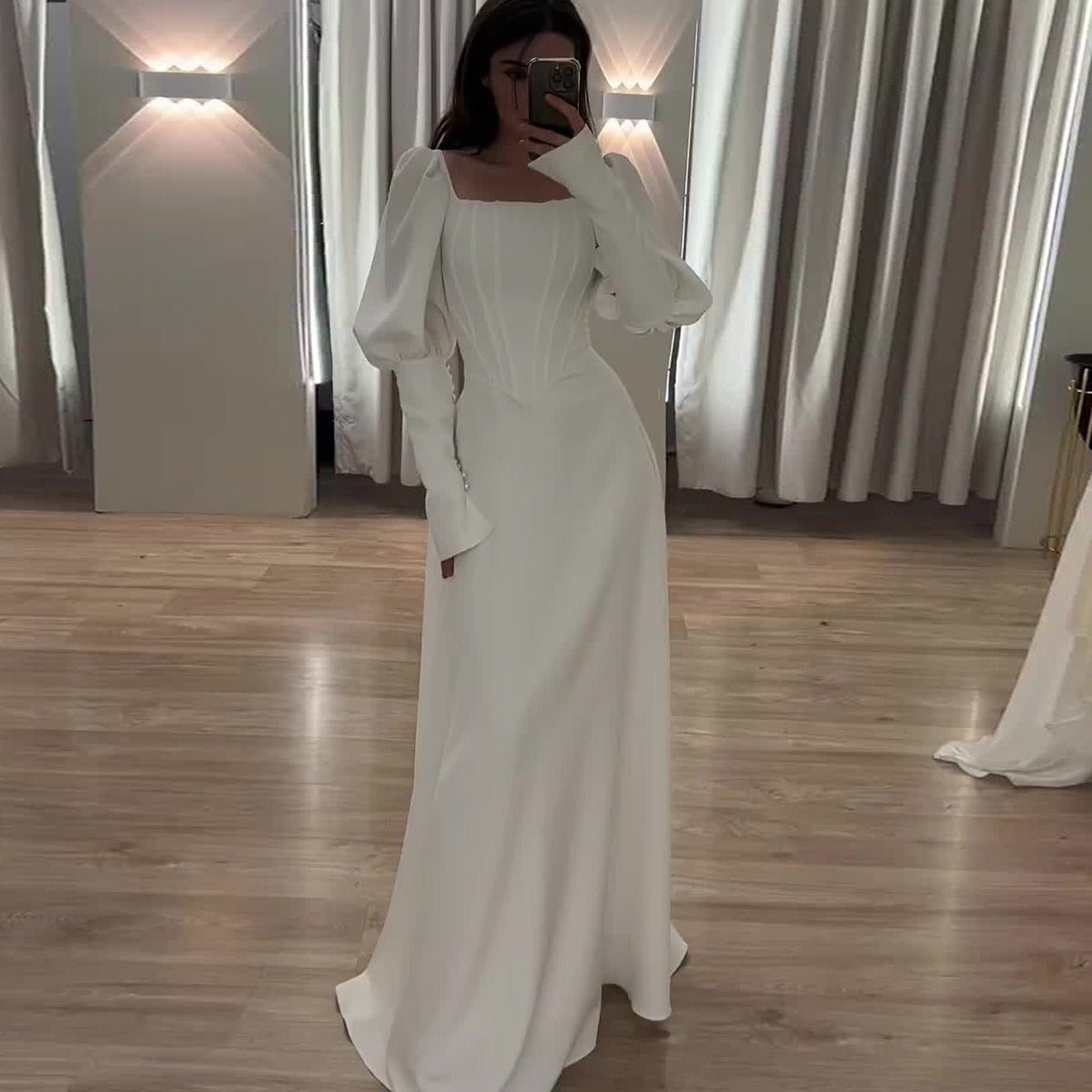 Elegant White Square Neck Long Sleeve Bubble Sleeve Modest Dress Abaya (MA228)