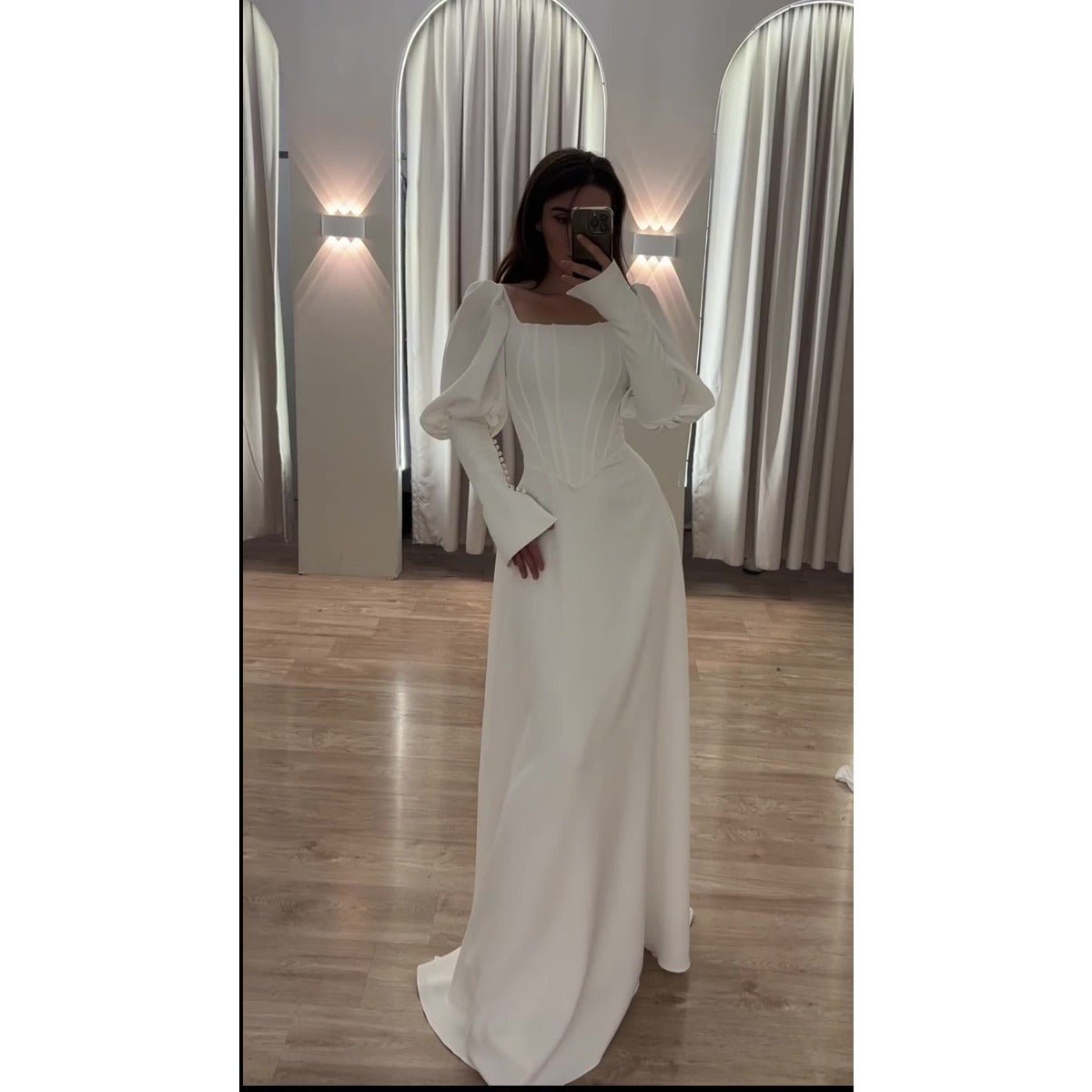 Elegant White Square Neck Long Sleeve Bubble Sleeve Modest Dress Abaya (MA228)