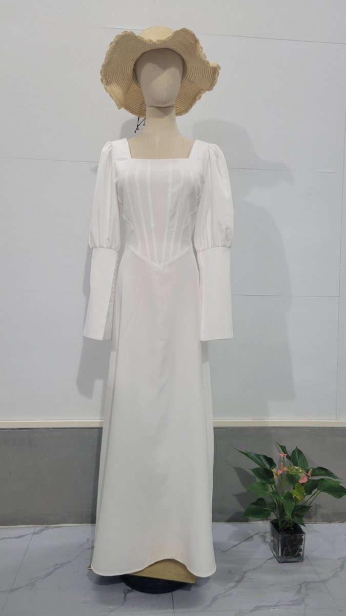 Elegant White Square Neck Long Sleeve Bubble Sleeve Modest Dress Abaya (MA228)