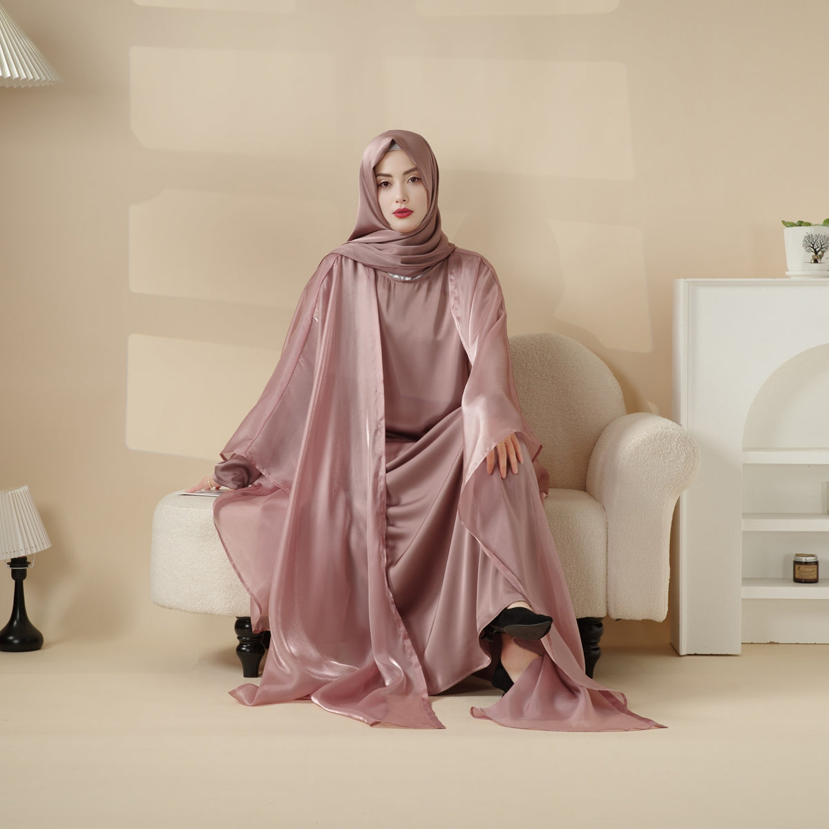 Archive Piece Organza Batwing Open Abaya & Satin Inner Dress Set - MP026 (Size M Only)