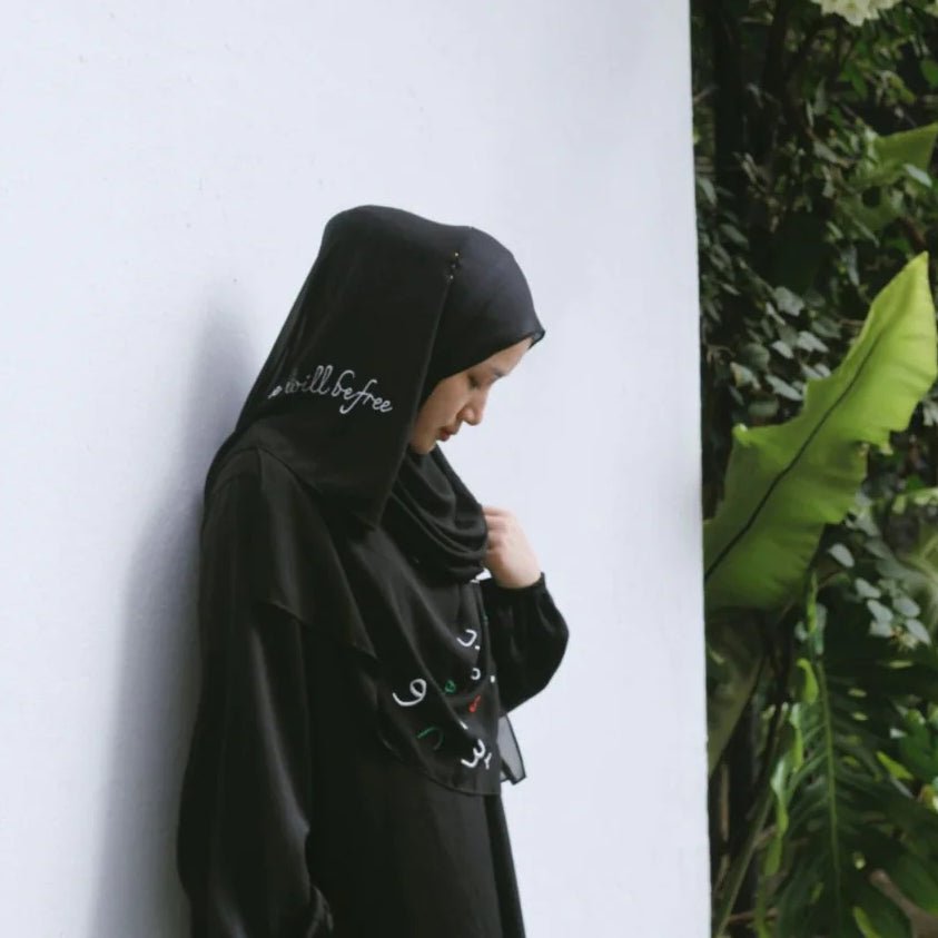 Free Palestine Chiffon Hijab – Cultural Statement Scarf with Arabic Letter Design (MH107)
