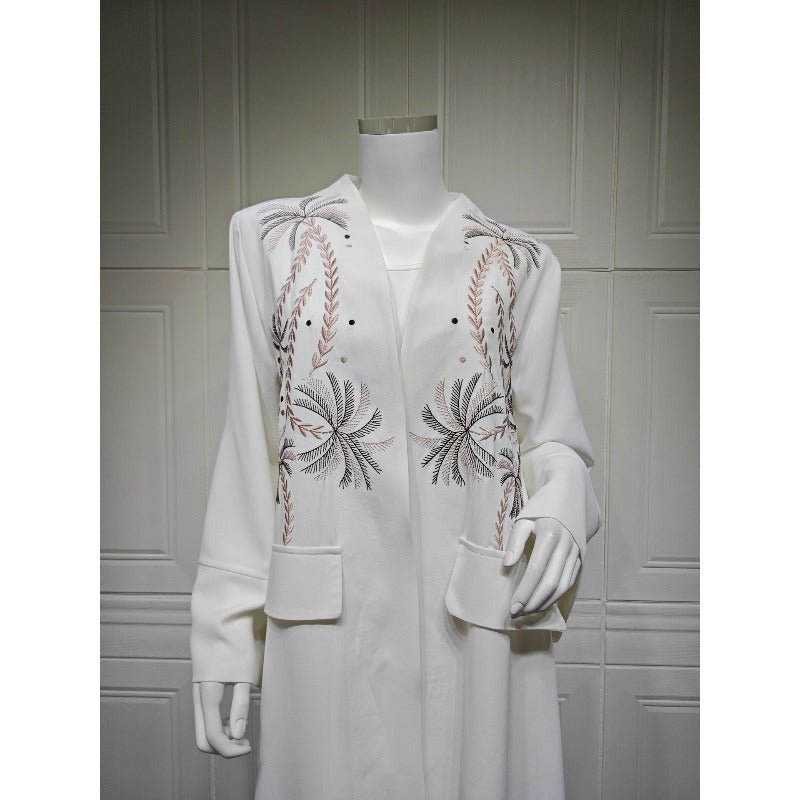 Ice Silk Crinkle Fabric Embroidered V-Neck Abaya(MOA234)